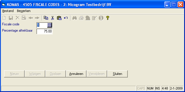 Fiscale codes in KOMAS